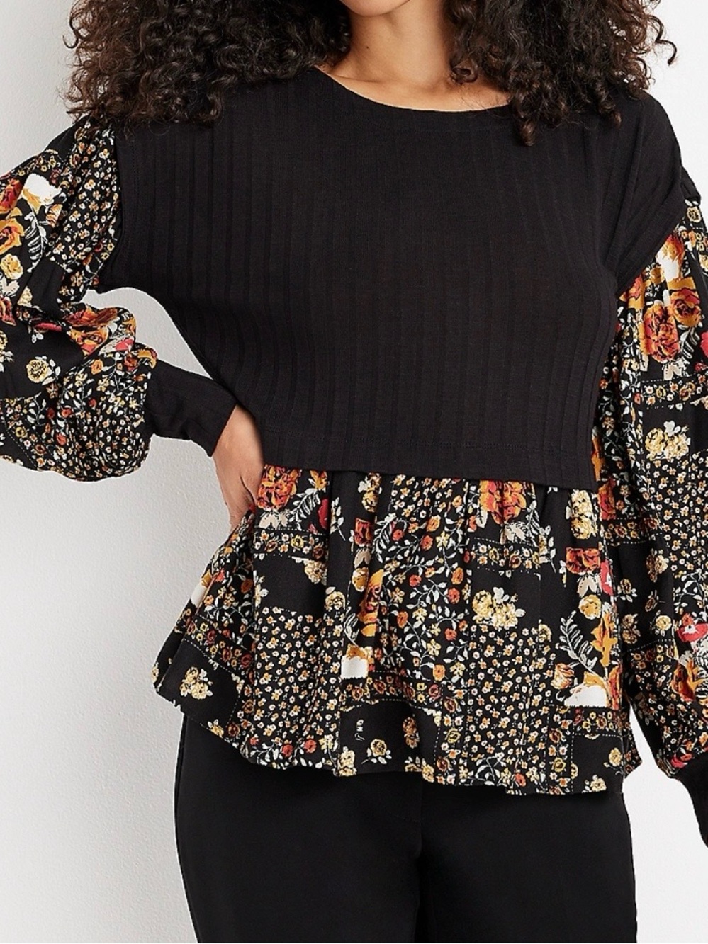 Maurices Black Ribbed Bodice Floral Peplum Mixed-Media Top Size XS